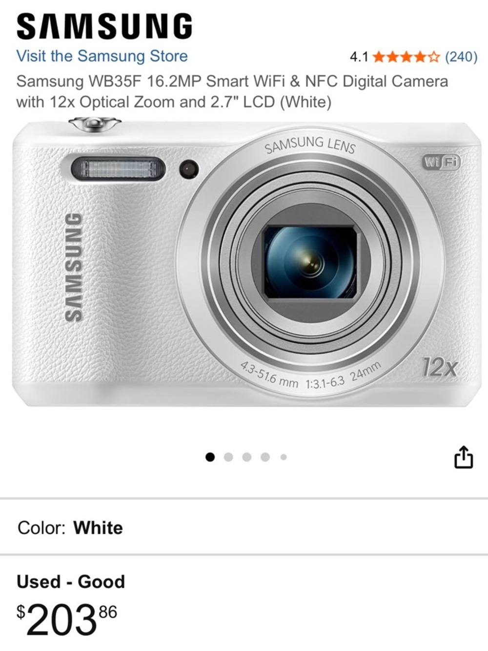 Samsung Compact Digital Camera in White with 12x Optical Zoom